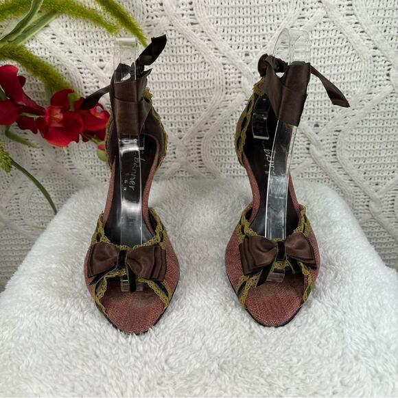 C. BANNER Pink Tweed Lace Detail Open Toe Ribbon Tie Up Kitten Heel Pumps 5.5 - Picture 2 of 12